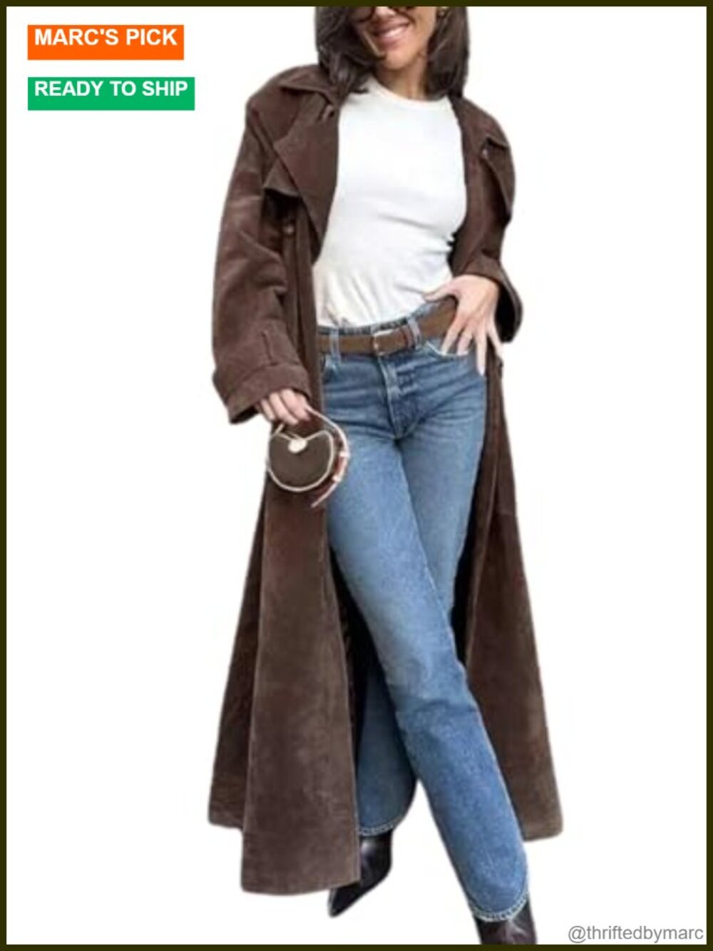 Womens Faux Suede Long Trench Coat Double Breasted Pea Coat Notched Lapel Belted